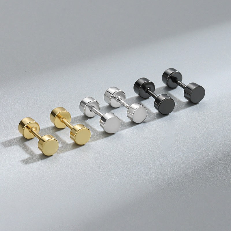 Detailed view of 3mm and 4mm flat back disc .925 sterling silver screw stud earrings showing minimalist design and polished finish