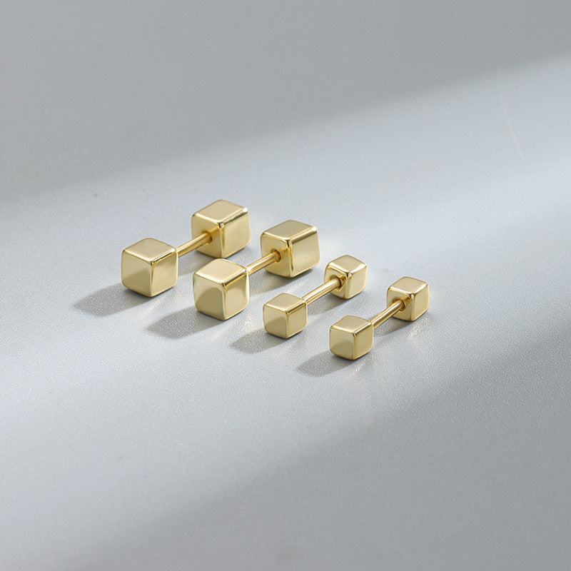 Detailed view of 3mm and 4mm double cube square barbell .925 sterling silver screw stud earrings showing minimalist design and polished finish