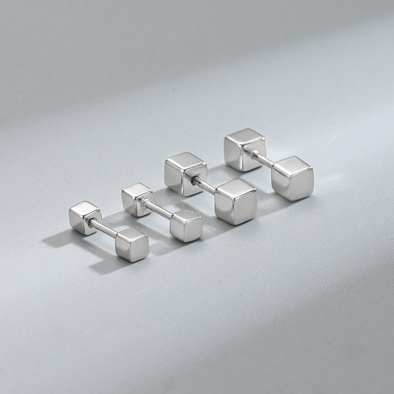 Detailed view of 3mm and 4mm double cube square barbell .925 sterling silver screw stud earrings showing minimalist design and polished finish