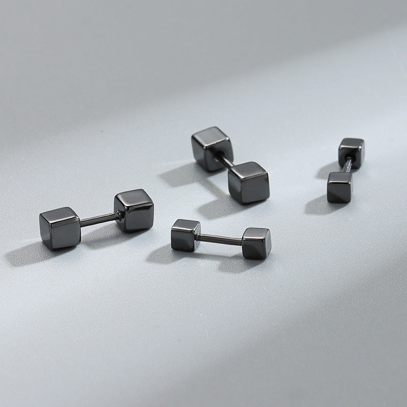 Detailed view of 3mm and 4mm double cube square barbell .925 sterling silver screw stud earrings showing minimalist design and polished finish