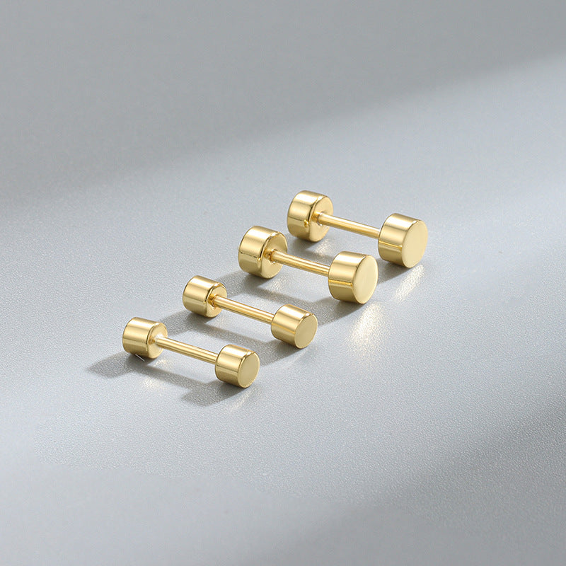 Detailed view of 3mm and 4mm flat back disc .925 sterling silver screw stud earrings showing minimalist design and polished finish