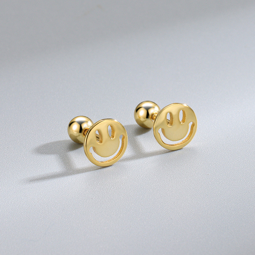 Detailed view of 7mm happy smile .925 sterling silver screw stud earrings showing playful design and polished finish
