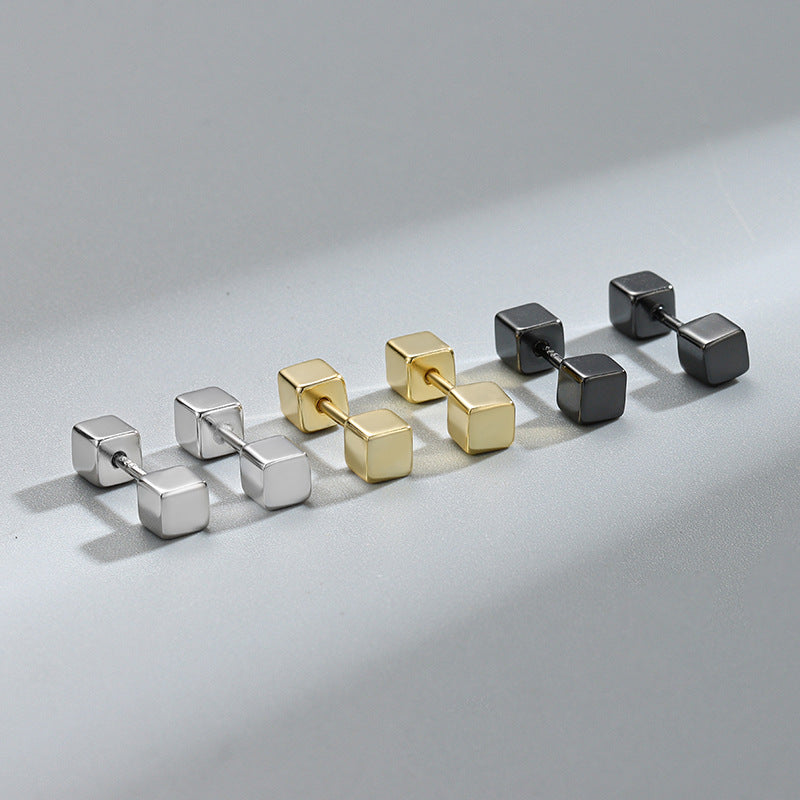 Detailed view of 3mm and 4mm double cube square barbell .925 sterling silver screw stud earrings showing minimalist design and polished finish