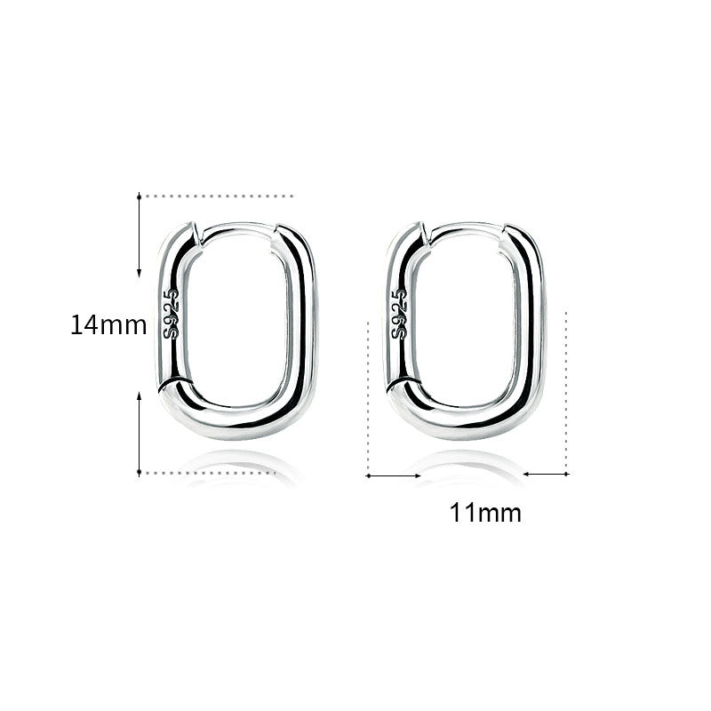 Detailed view of 14mm by 11mm hollow rectangle .925 sterling silver hoop earrings showing lightweight design and polished finish