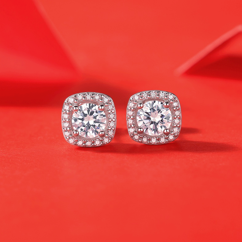Detailed view of 9mm moissanite square .925 sterling silver stud earrings showing geometric design and brilliant sparkle