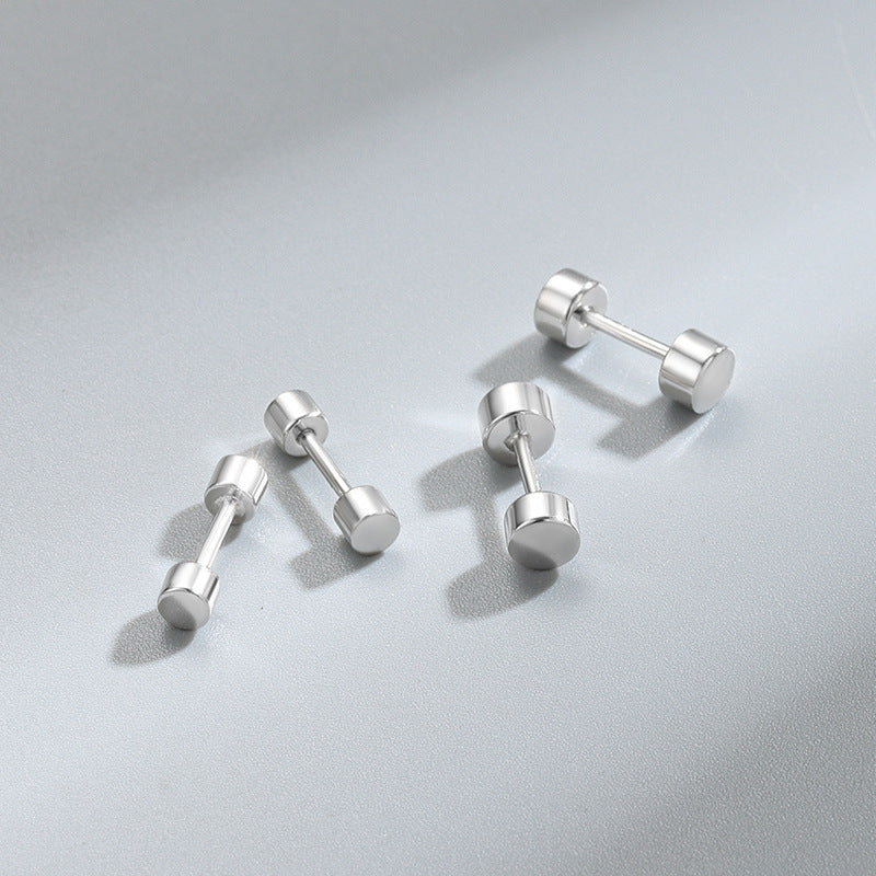 Detailed view of 3mm and 4mm flat back disc .925 sterling silver screw stud earrings showing minimalist design and polished finish
