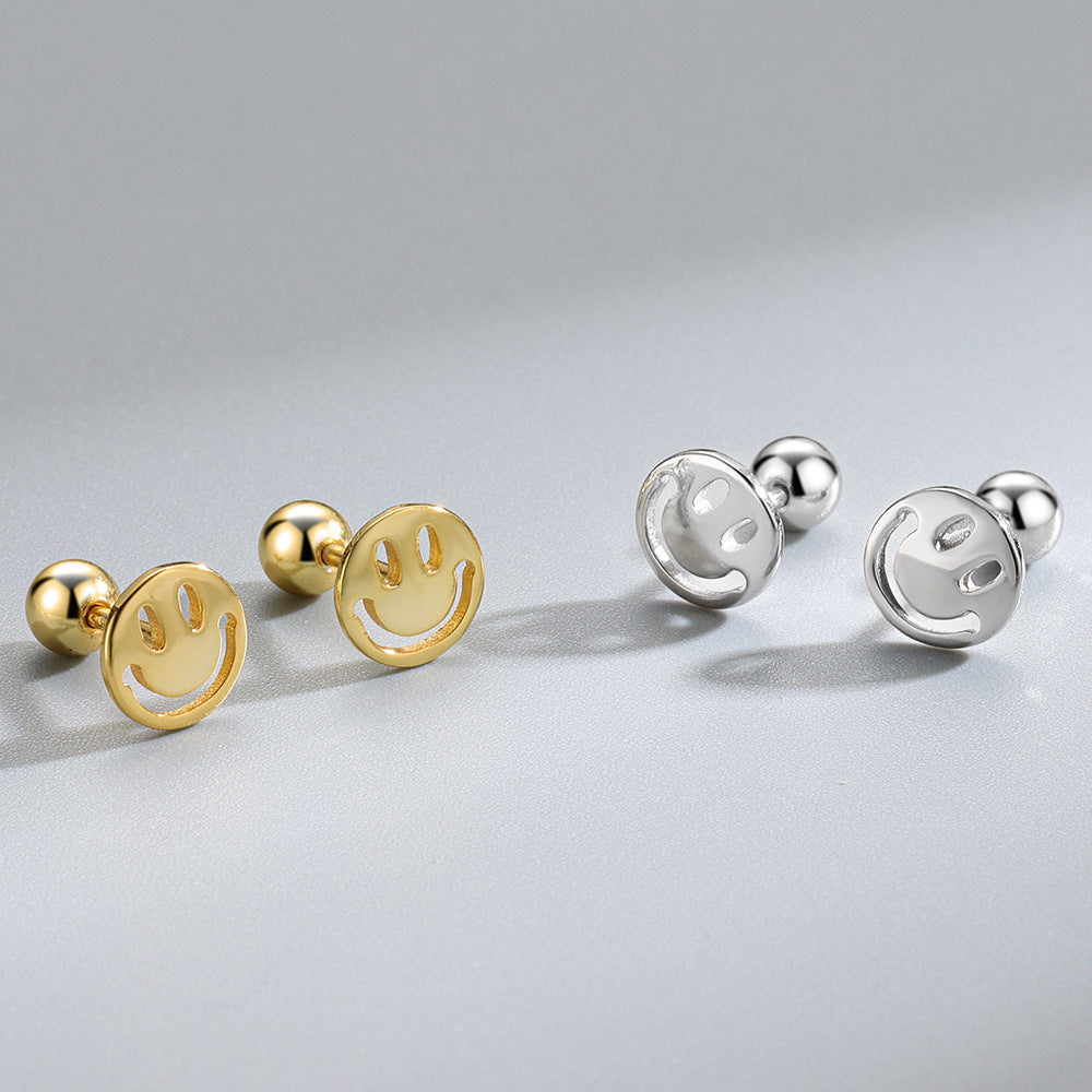 Detailed view of 7mm happy smile .925 sterling silver screw stud earrings showing playful design and polished finish