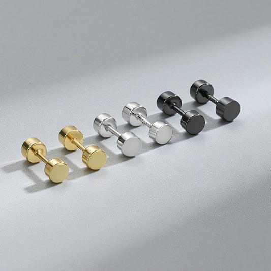 Detailed view of 3mm and 4mm flat back disc .925 sterling silver screw stud earrings showing minimalist design and polished finish