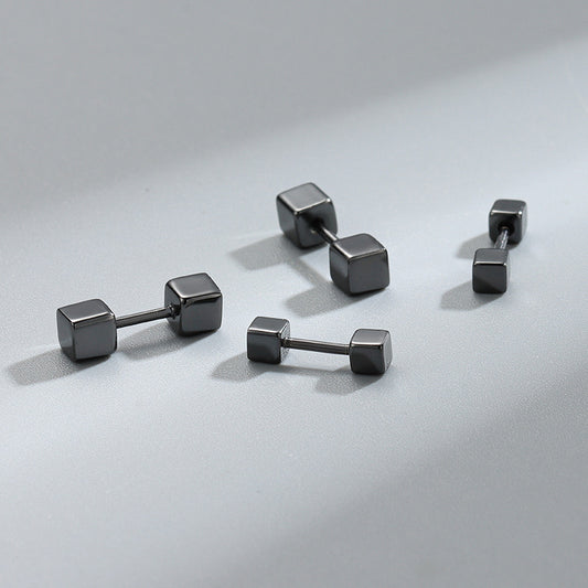 Detailed view of 3mm and 4mm double cube square barbell .925 sterling silver screw stud earrings showing minimalist design and polished finish