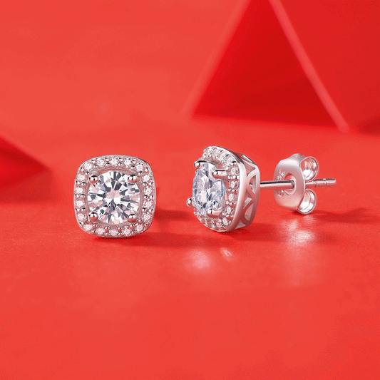 Detailed view of 9mm moissanite square .925 sterling silver stud earrings showing geometric design and brilliant sparkle