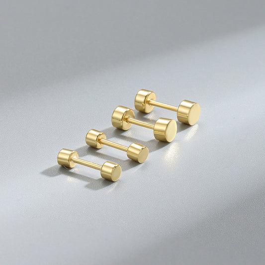 Detailed view of 3mm and 4mm flat back disc .925 sterling silver screw stud earrings showing minimalist design and polished finish