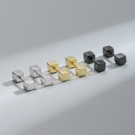 Detailed view of 3mm and 4mm double cube square barbell .925 sterling silver screw stud earrings showing minimalist design and polished finish