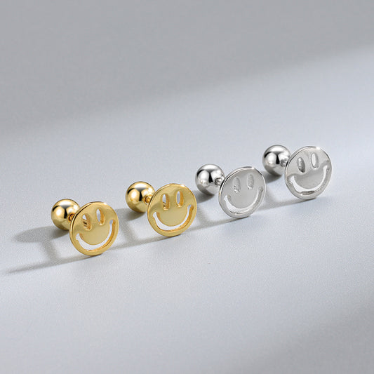 Detailed view of 7mm happy smile .925 sterling silver screw stud earrings showing playful design and polished finish