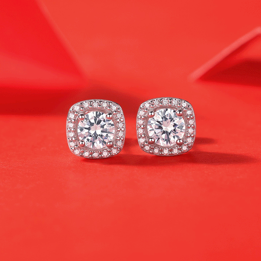 Detailed view of 9mm moissanite square .925 sterling silver stud earrings showing geometric design and brilliant sparkle