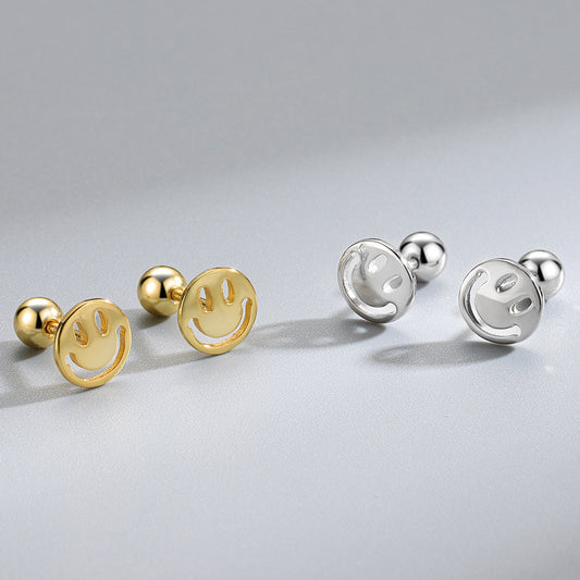 Detailed view of 7mm happy smile .925 sterling silver screw stud earrings showing playful design and polished finish