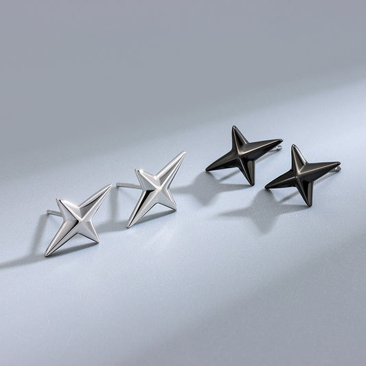 Detailed view of 15.8mm by 10.5mm quadrangle star .925 sterling silver screw stud earrings showing geometric star design and polished finish